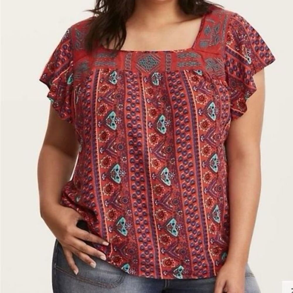 Hollister Peasant Top Boho Aztec Print Square Neck